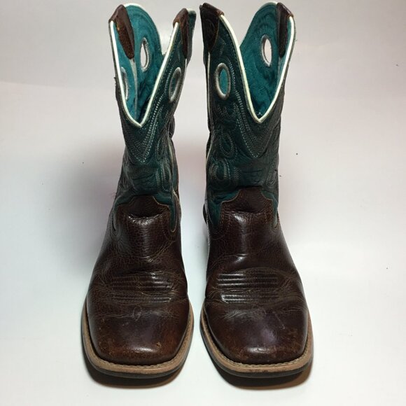 Ariat Crossfire Unisex Youth Size 7 1/2 Teal Blue Brown Cowboy Boots 10005989 - Picture 2 of 10
